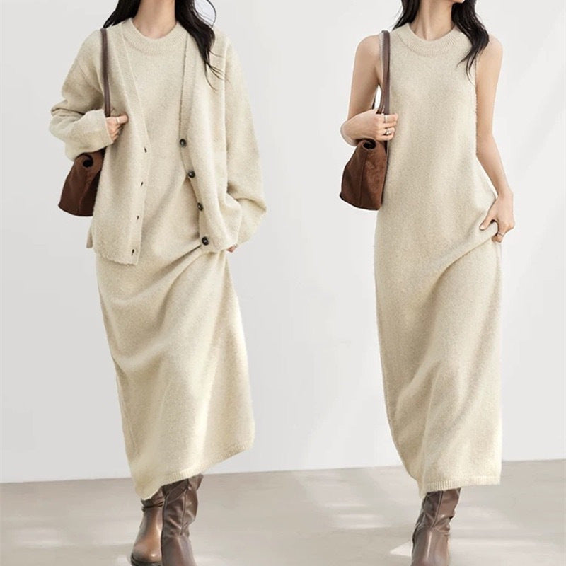 Conjunto Mujer Vestido Largo y Cárdigan Suave Ajuste Comodo