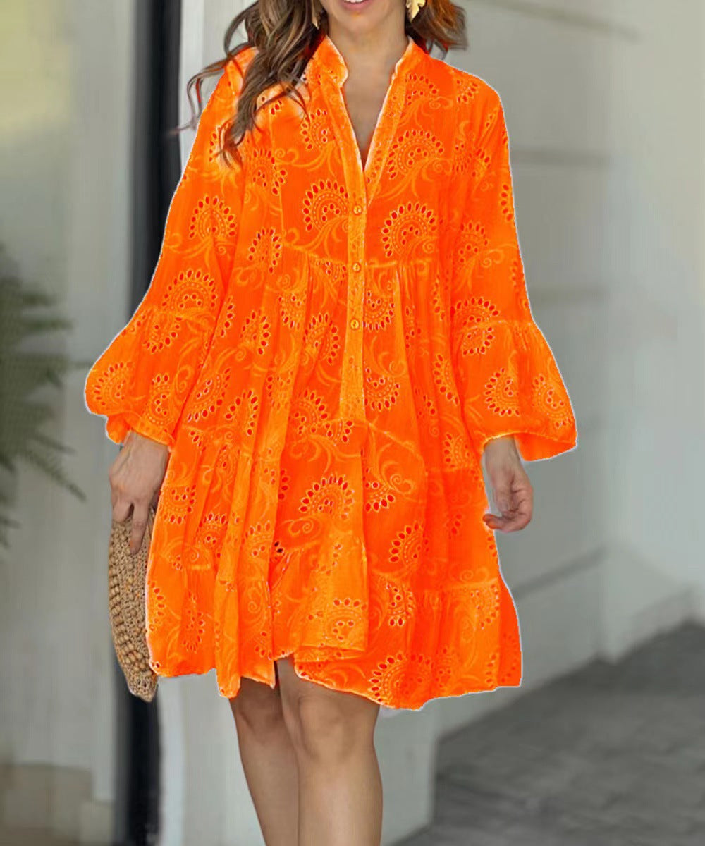 Vestido mini mujer con bordado calado y volantes