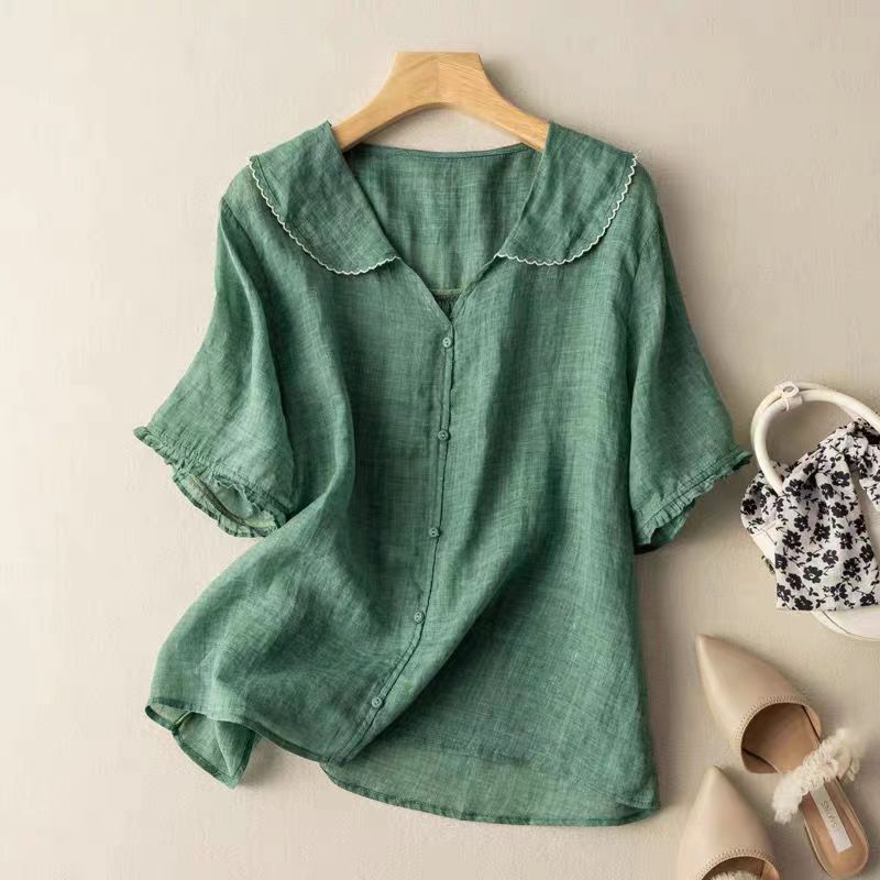 Blusa Mujer de Lino Cuello Festoneado Botones Estilo Vintage - Mavetta