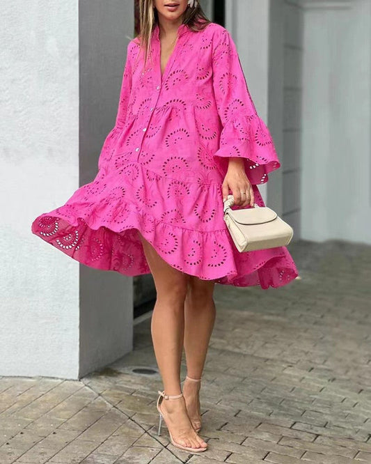Vestido mini mujer con bordado calado y volantes - Mavetta