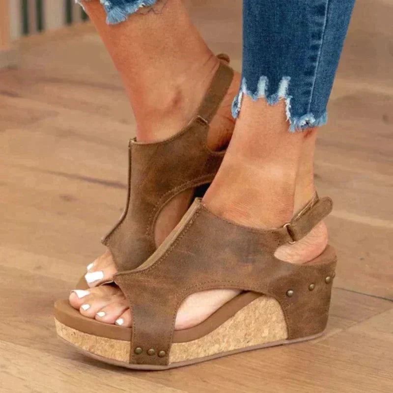 Sandalias Cuña Mujer Piel Abierta Ajuste Cómodo