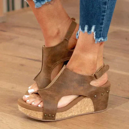 Sandalias Cuña Mujer Piel Abierta Ajuste Cómodo