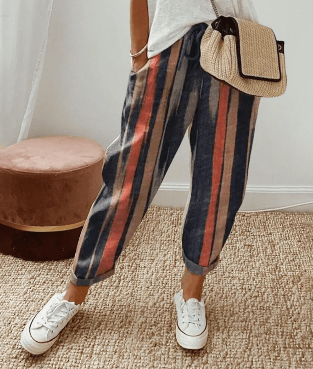 Pantalón Hombre de Lino y Algodón Estampado Corte Relajado