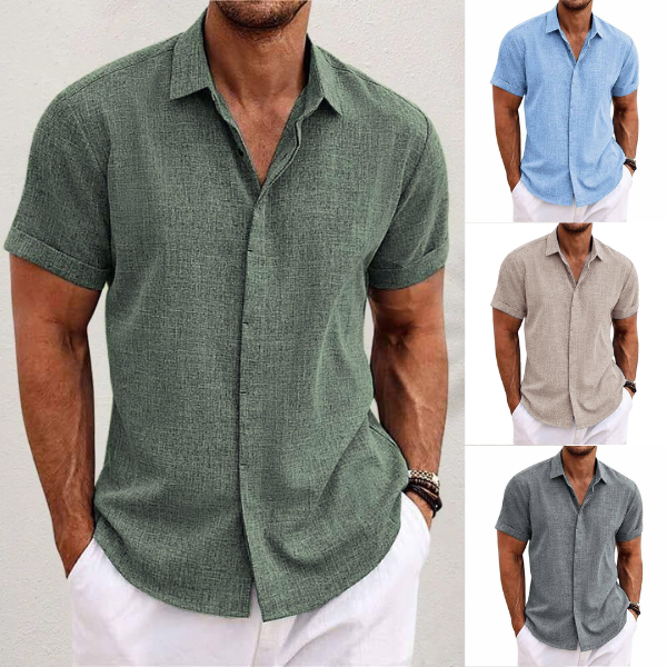 Camisa Hombre de Lino Manga Corta Cuello Solapa