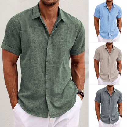 Camisa Hombre de Lino Manga Corta Cuello Solapa
