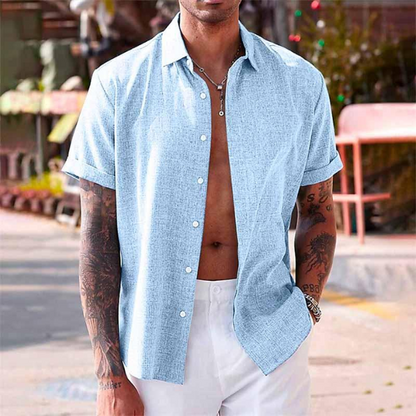 Camisa Hombre de Lino Manga Corta Cuello Solapa