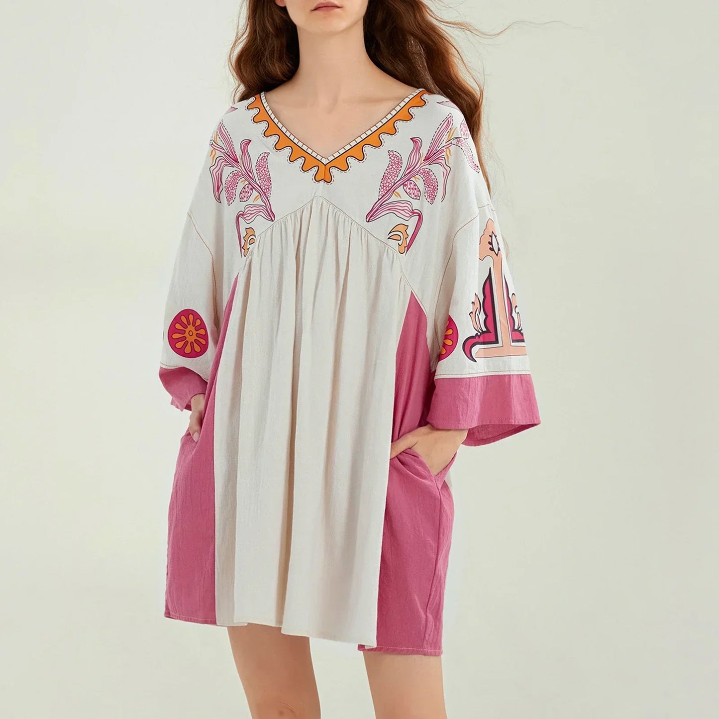 Vestido túnica mujer con bordados escote en V