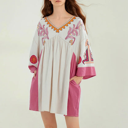 Vestido túnica mujer con bordados escote en V