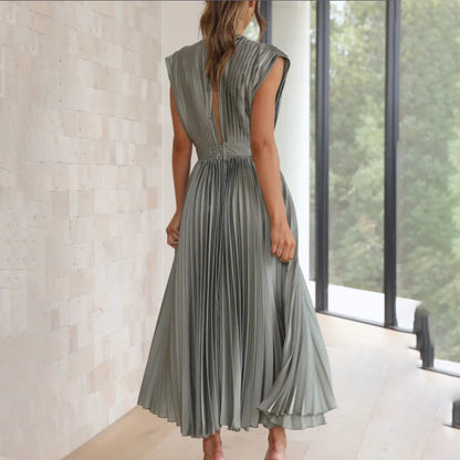 Vestido Mujer Plisado Gasa Escote en V Espalda Descubierta