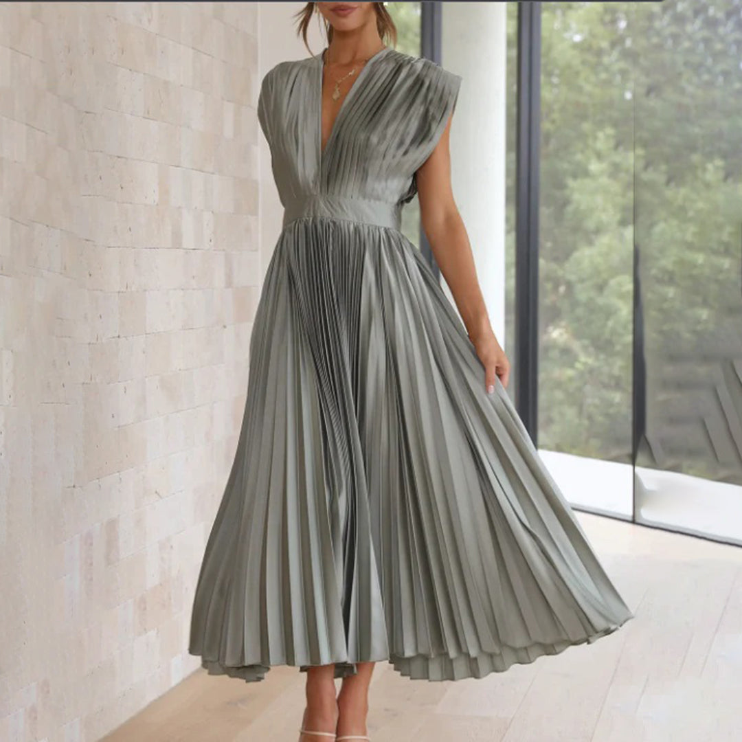 Vestido Mujer Plisado Gasa Escote en V Espalda Descubierta