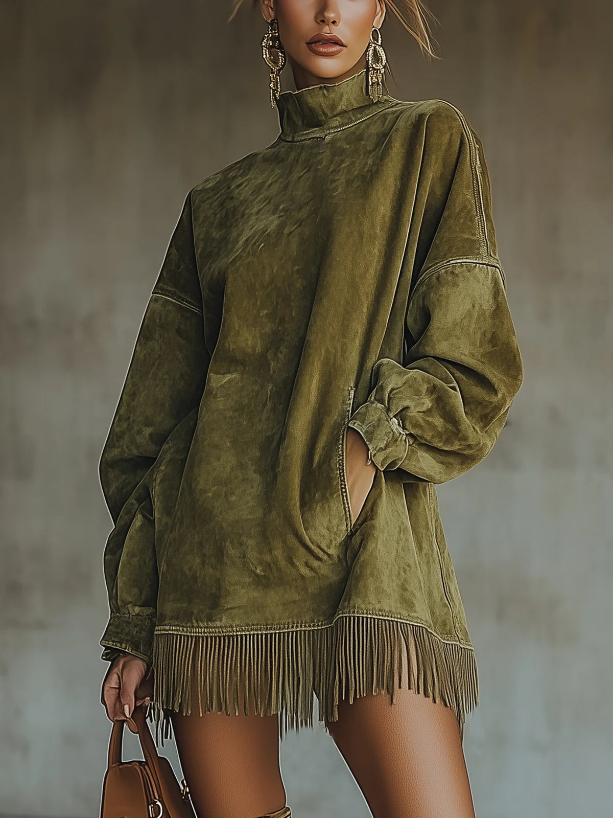 Vestido Mujer Cuello Alto Flecos Estilo Boho Comodo - Mavetta