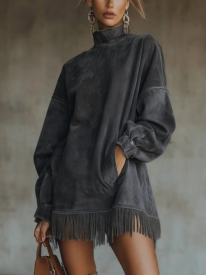 Vestido Mujer Cuello Alto Flecos Estilo Boho Comodo