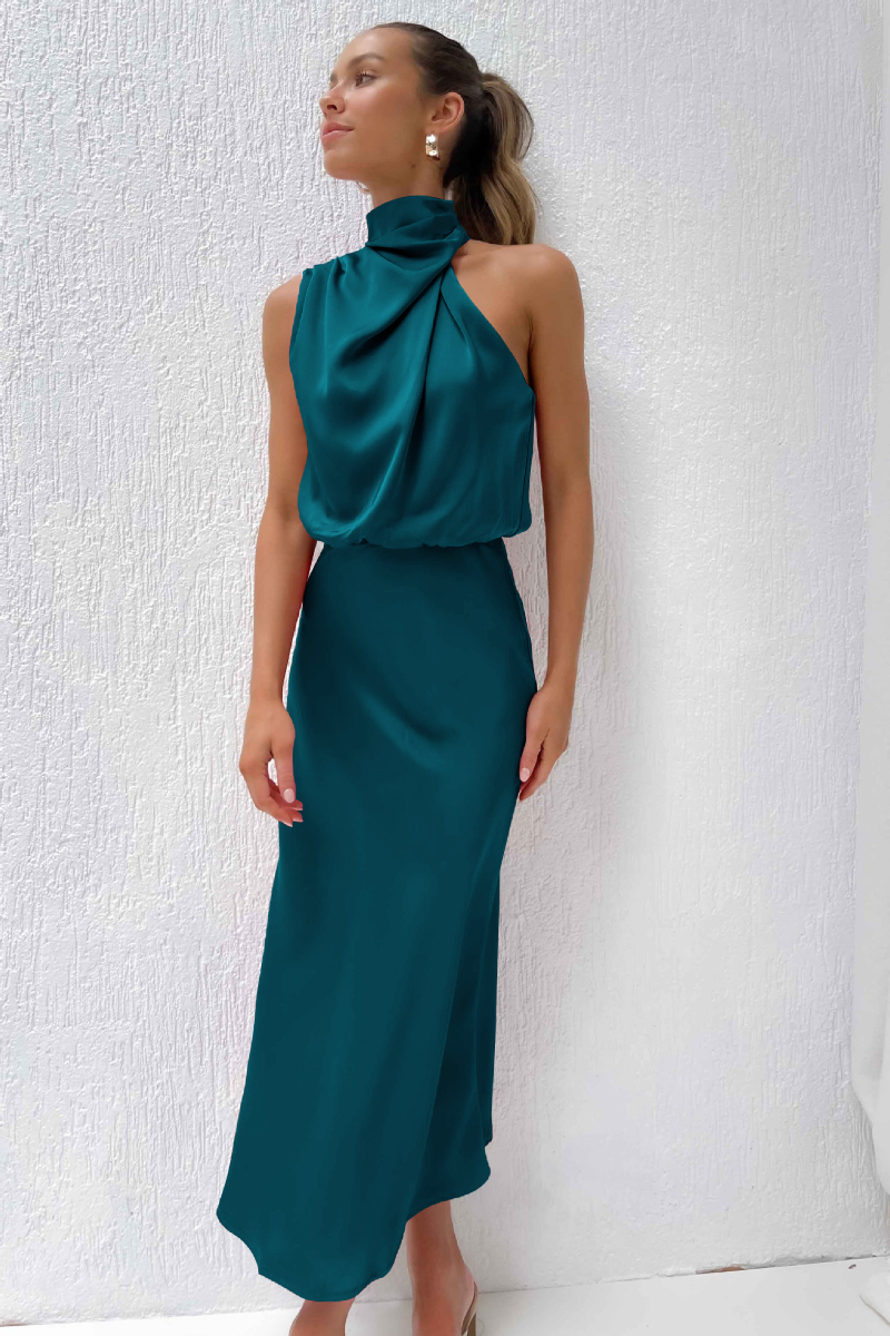 Vestido Midi Mujer Gasa Elegante Escote Asimétrico