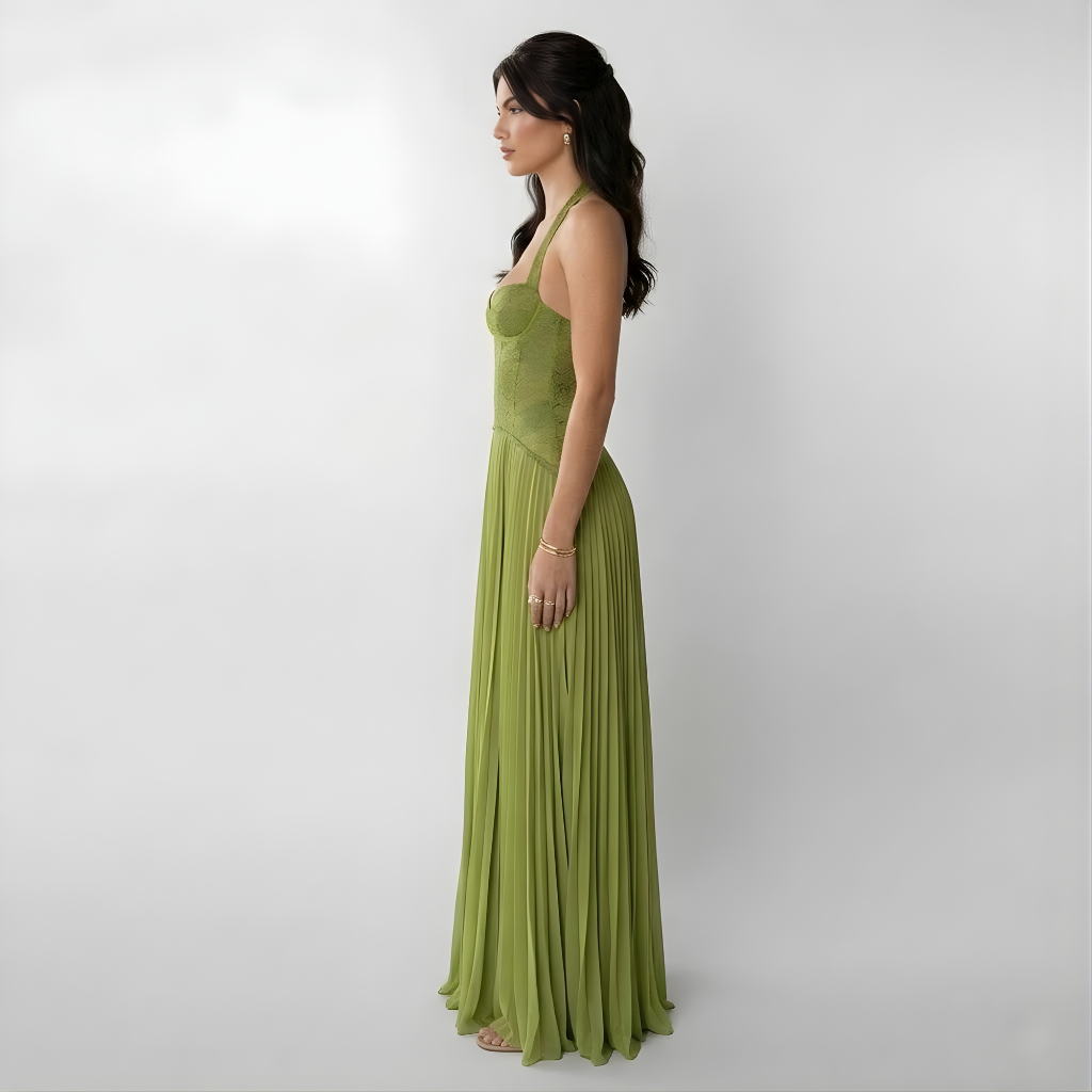 Vestido Largo Mujer Encaje Corsé Falda Plisada