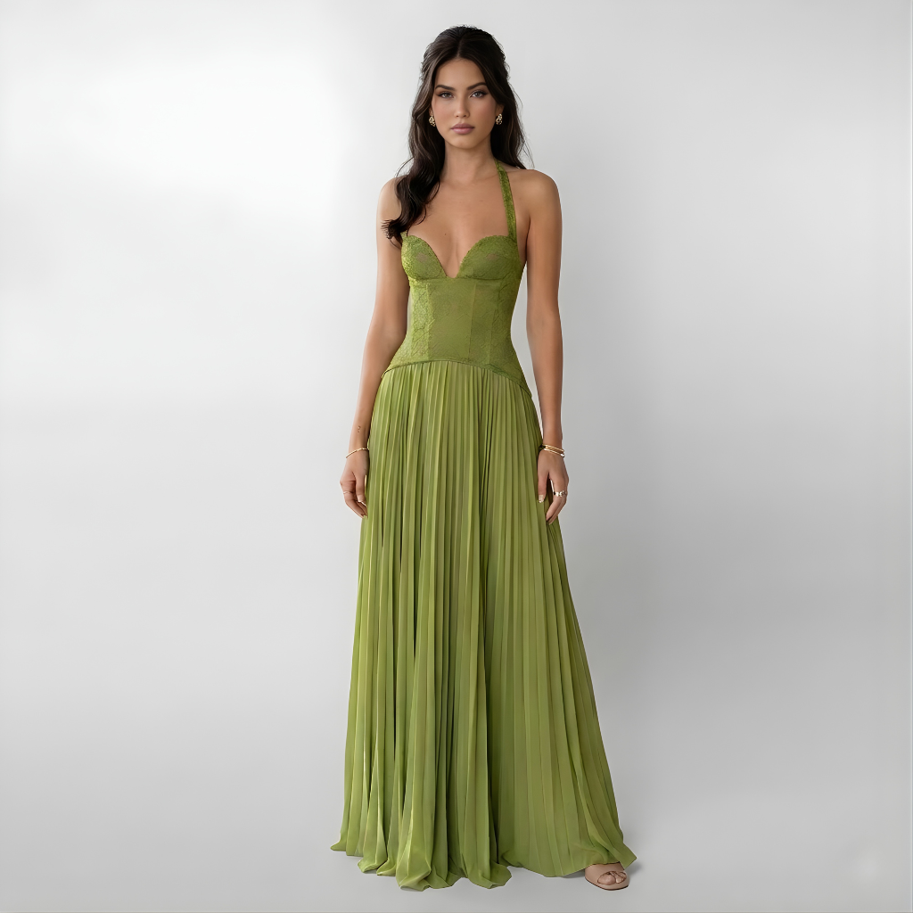 Vestido Largo Mujer Encaje Corsé Falda Plisada - Mavetta