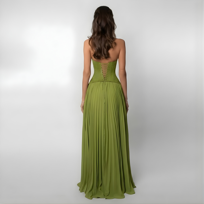 Vestido Largo Mujer Encaje Corsé Falda Plisada