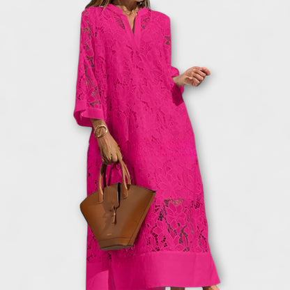 Vestido Largo Mujer de Encaje Floral Cuello en V Mangas Acampanadas
