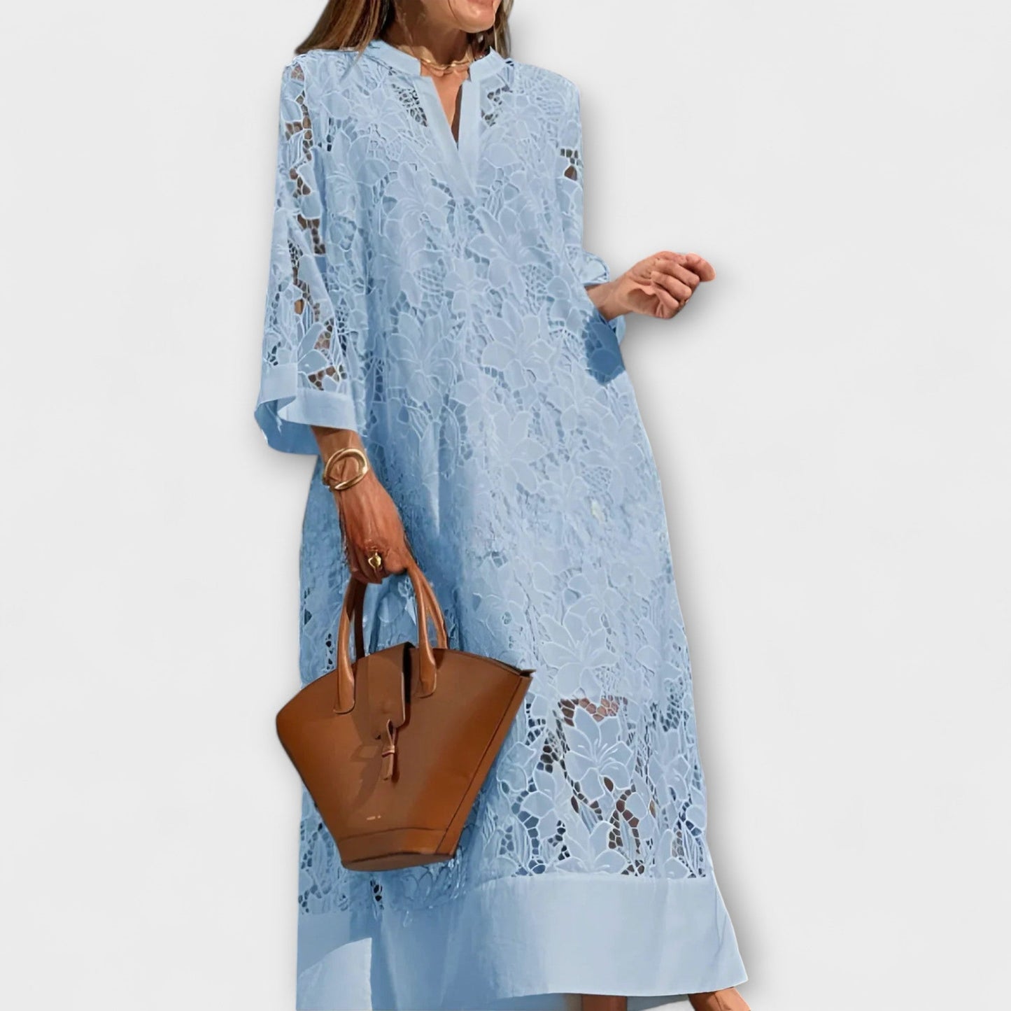 Vestido Largo Mujer de Encaje Floral Cuello en V Mangas Acampanadas