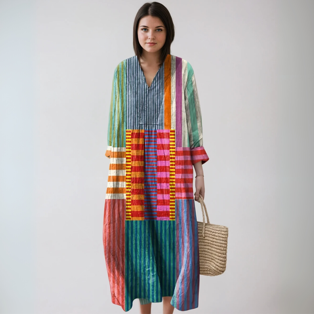 Vestido largo mujer de verano con estampado geométrico y manga larga - Mavetta