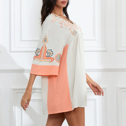Vestido túnica mujer con bordados escote en V