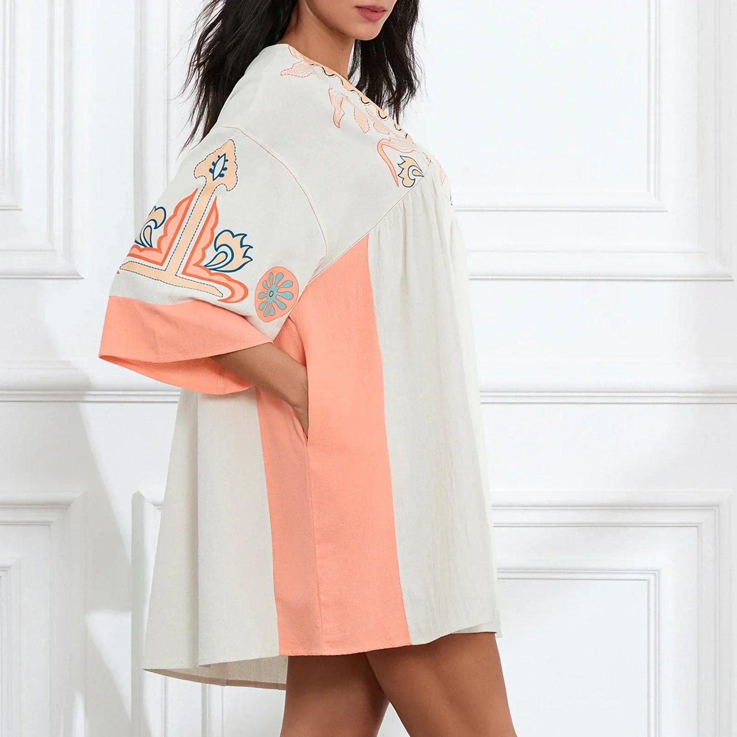 Vestido túnica mujer con bordados escote en V