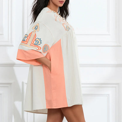 Vestido túnica mujer con bordados escote en V