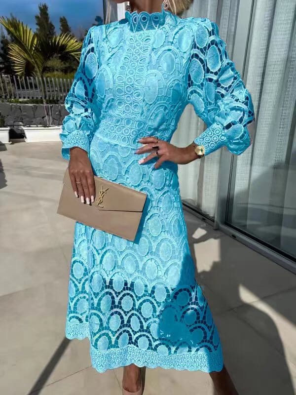Vestido midi mujer de encaje manga larga cuello alto