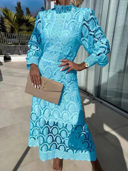 Vestido midi mujer de encaje manga larga cuello alto