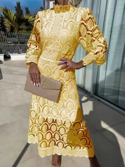 Vestido midi mujer de encaje manga larga cuello alto