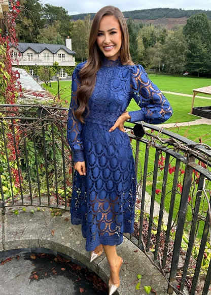 Vestido midi mujer de encaje manga larga cuello alto