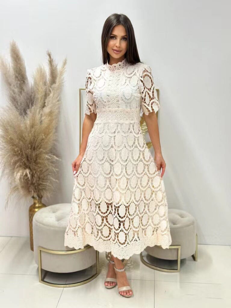 Vestido midi mujer de encaje manga larga cuello alto