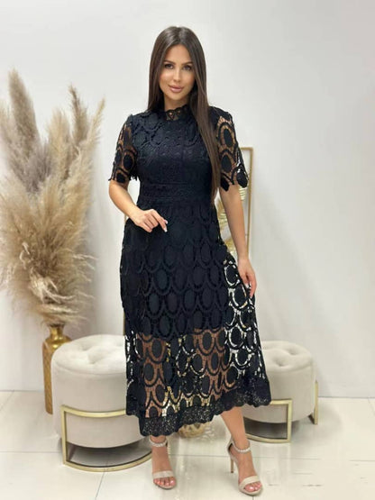 Vestido midi mujer de encaje manga larga cuello alto