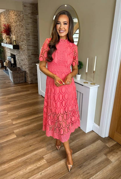 Vestido midi mujer de encaje manga larga cuello alto