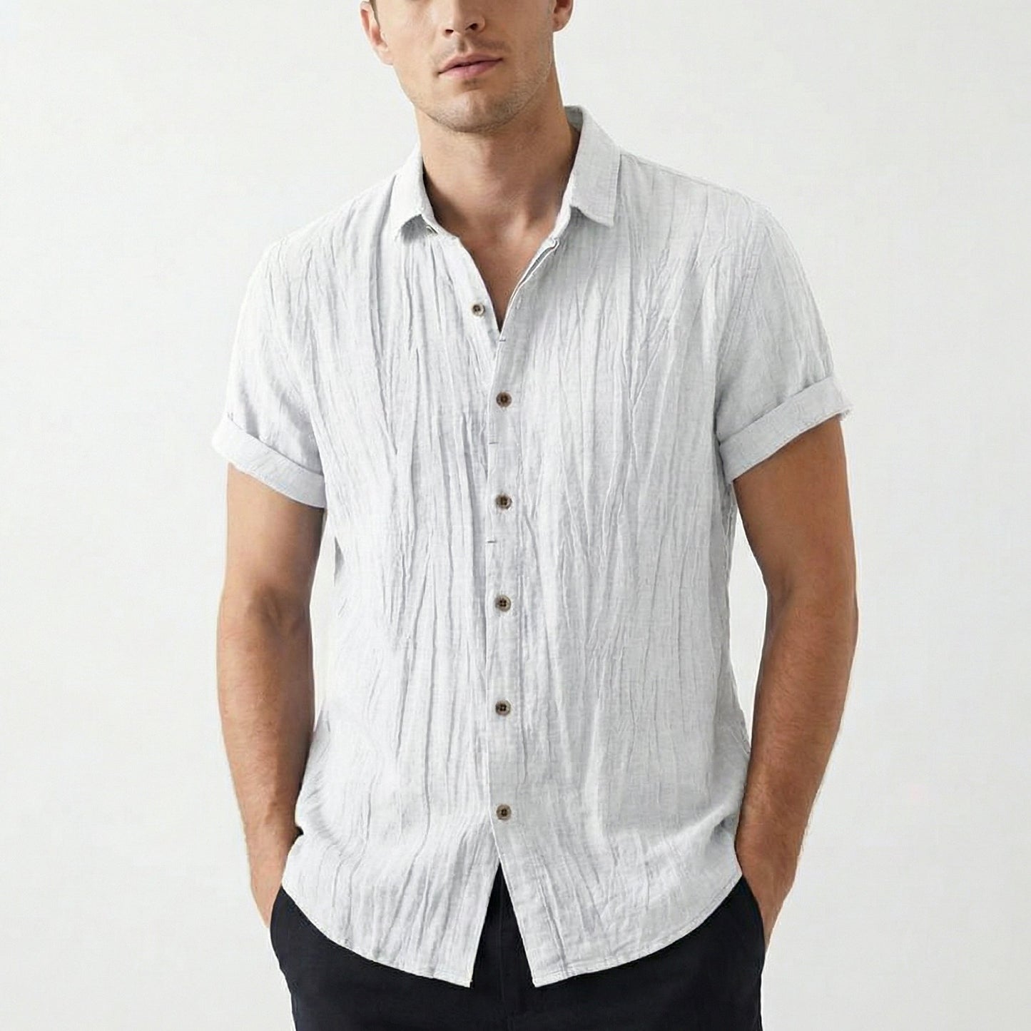 Camisa Hombre Manga Corta Textura Arrugada Corte Holgado