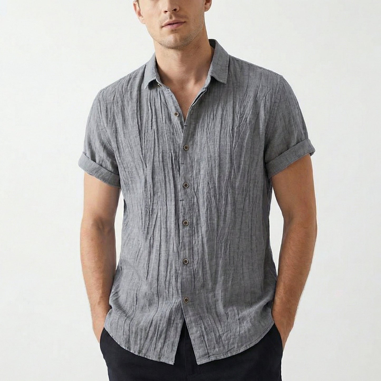 Camisa Hombre Manga Corta Textura Arrugada Corte Holgado