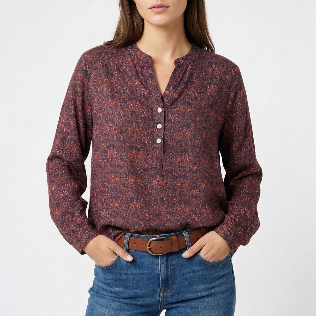 Blusa Mujer Estampada Cuello Mao Manga Larga