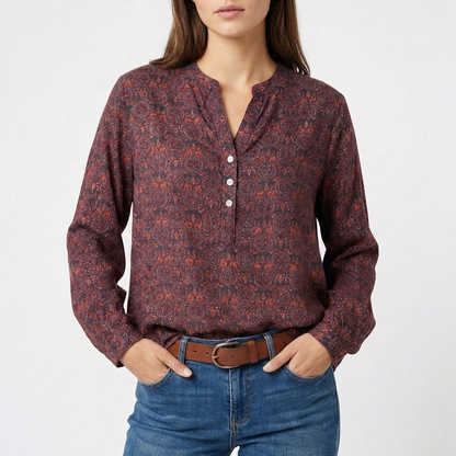 Blusa Mujer Estampada Cuello Mao Manga Larga