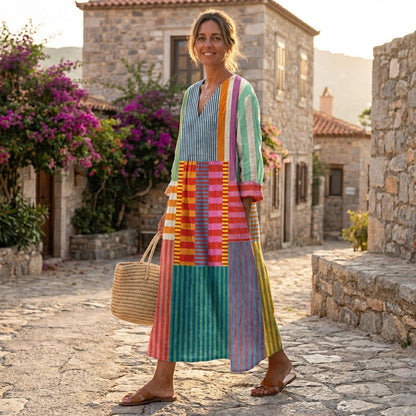 Vestido Largo Mujer Patchwork Rayas Estilo Boho