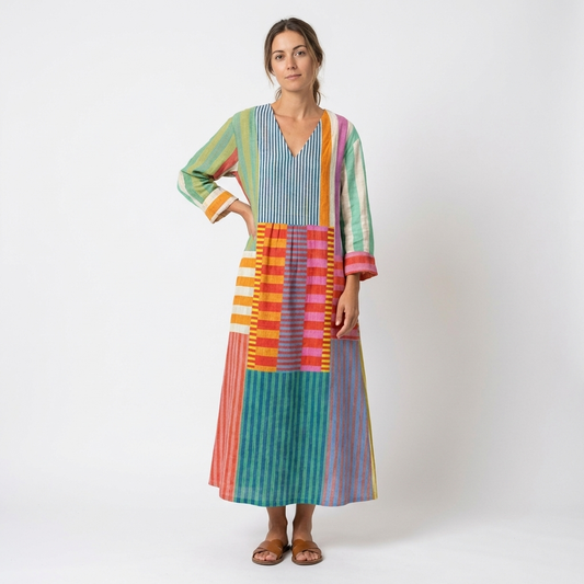 Vestido Largo Mujer Patchwork Rayas Estilo Boho - Mavetta