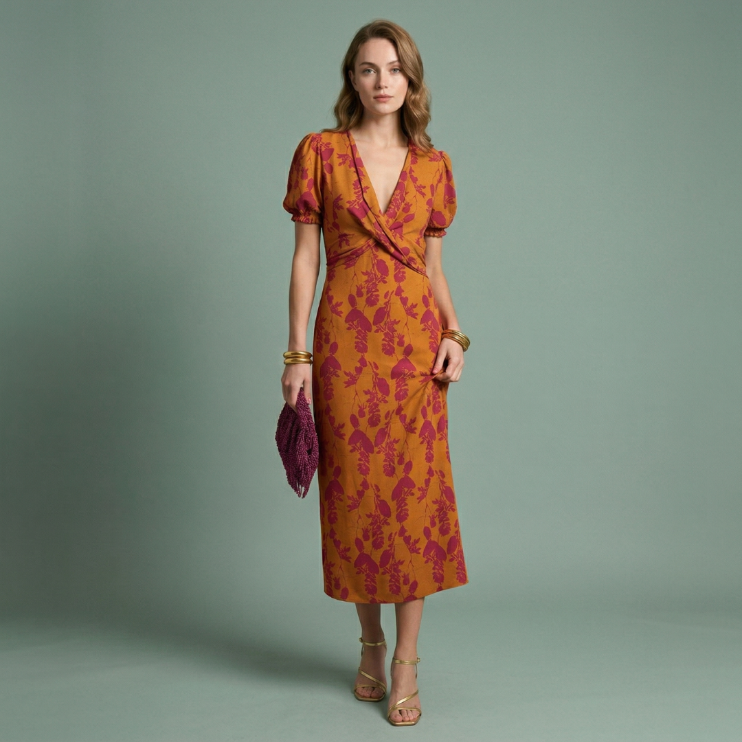 Vestido Midi Mujer Estampado Floral Ajustado Escote en V