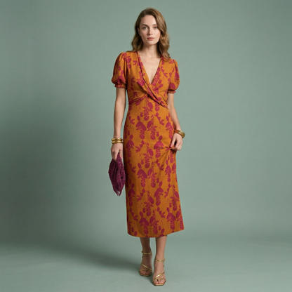 Vestido Midi Mujer Estampado Floral Ajustado Escote en V