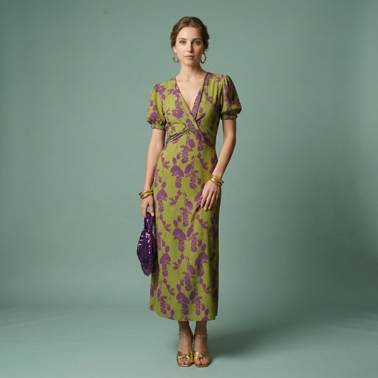 Vestido Midi Mujer Estampado Floral Ajustado Escote en V - Mavetta