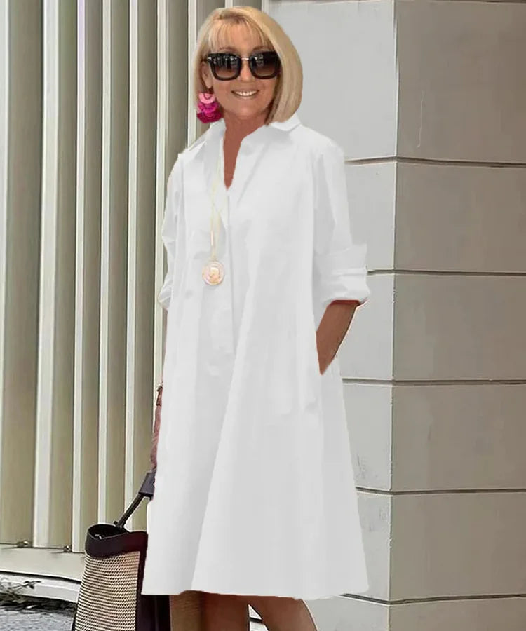 Vestido midi mujer Manga larga Cuello camisero Corte suelto