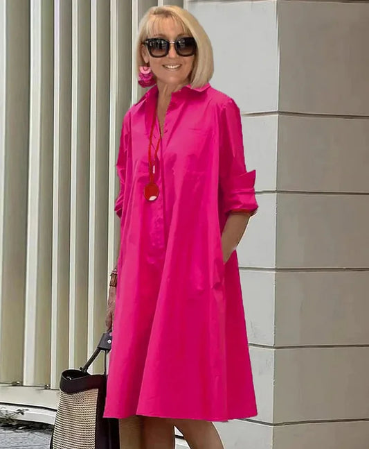 Vestido midi mujer Manga larga Cuello camisero Corte suelto - Mavetta