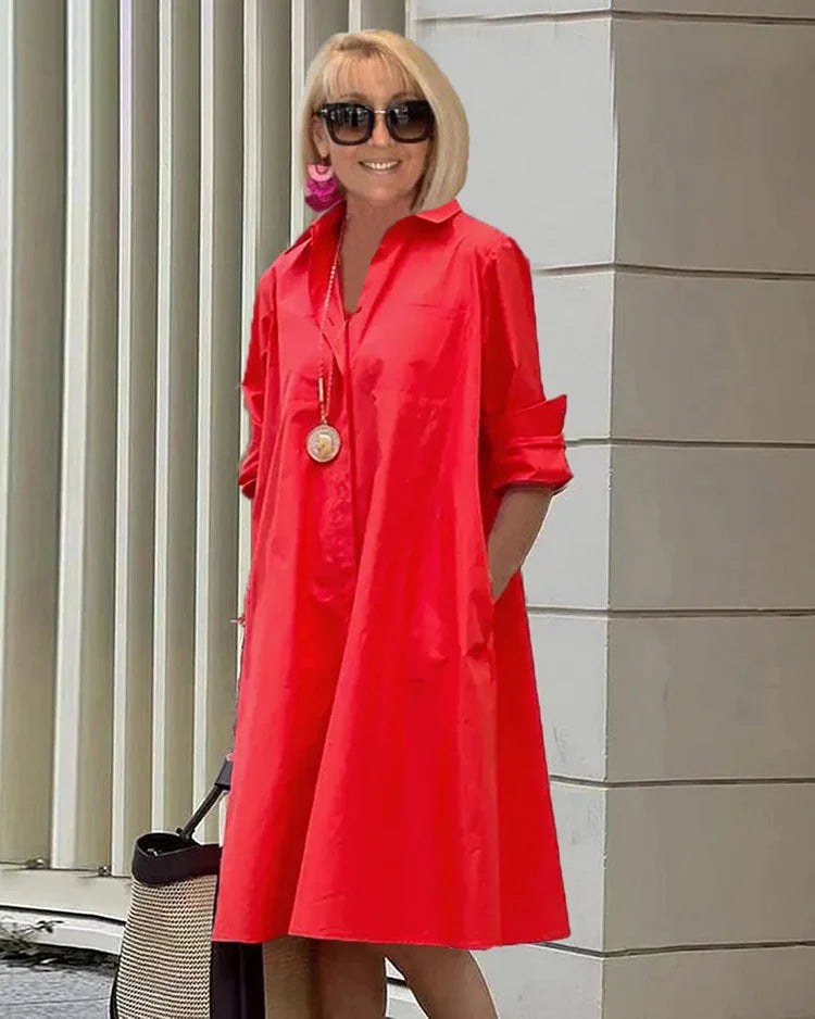 Vestido midi mujer Manga larga Cuello camisero Corte suelto