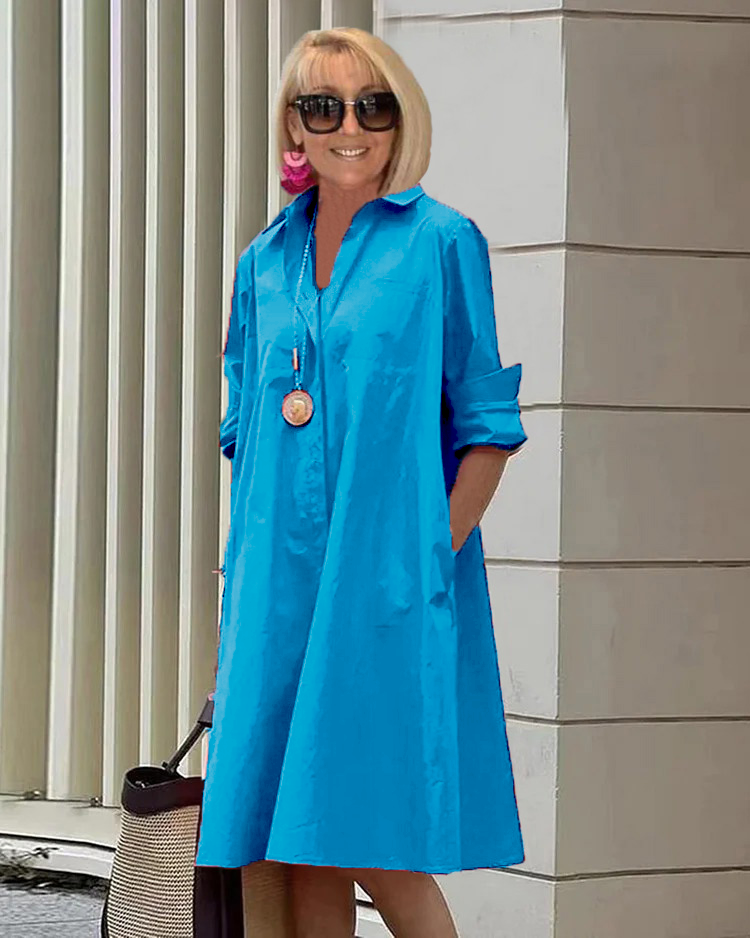 Vestido midi mujer Manga larga Cuello camisero Corte suelto