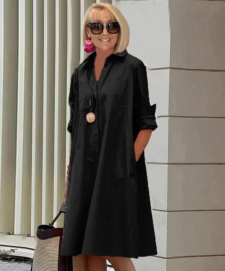 Vestido midi mujer Manga larga Cuello camisero Corte suelto