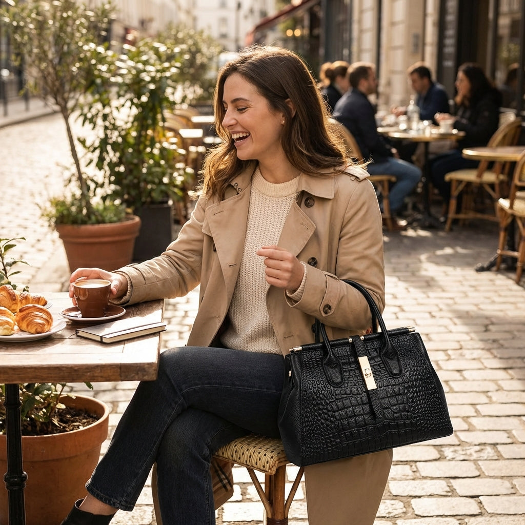Bolso de Mano Mujer Grabado Cocodrilo Estructura Rigida