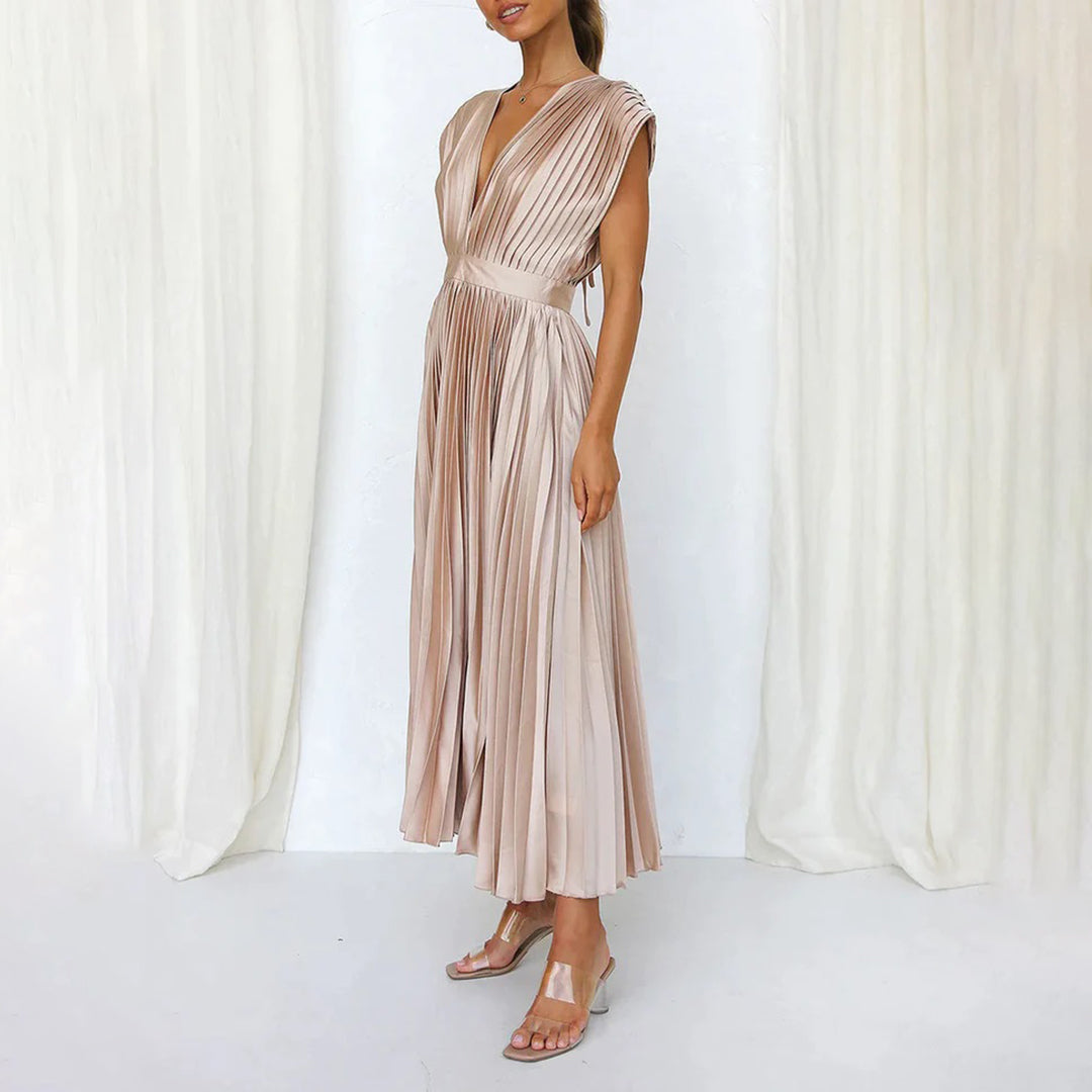 Vestido Mujer Plisado Gasa Escote en V Espalda Descubierta