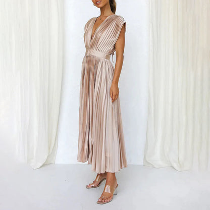 Vestido Mujer Plisado Gasa Escote en V Espalda Descubierta